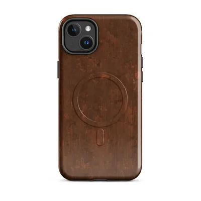 heavily oxidized iron surface with deep burnt sienna streaks, dark amber corrosion blotches, and scattered silver mineral deposits on weathered metal on Glossy Oxidized Iron Rust Patina MagSafe Tough Case for iPhone - default - Front view — magsafe phone case