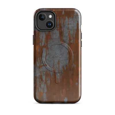 heavily corroded metal surface with streaks of burnt orange rust bleeding over scratched grey steel panels on Glossy Iron Decay Rust Metal MagSafe Tough Case for iPhone - default - Front view — magsafe phone case