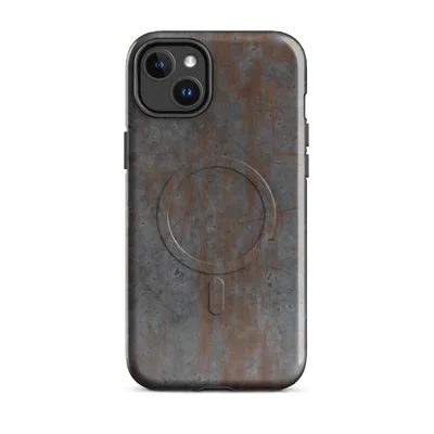 heavily rusted gunmetal steel surface with streaking orange-brown oxidation, scratch marks, and pitting across a gray corroded metal background on Glossy Iron Decay Rusted Metal MagSafe Tough Case for iPhone - default - Front view — magsafe phone case