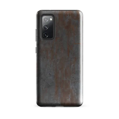 heavily weathered steel plate with streaks of orange rust bleeding vertically over a cold dark grey scratched and pitted metallic surface on Glossy Rusted Iron Fortress Tough Case for Samsung - default - Front view — samsung phone case