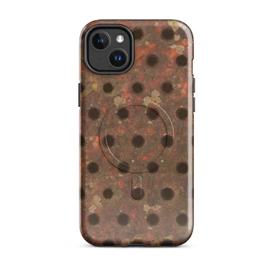 heavily rusted perforated metal plate with deep orange oxidation, dark circular holes in a grid pattern, and scattered mineral deposits on Glossy Industrial Rust Perforated Metal MagSafe Tough Case for iPhone - default - Front view — magsafe phone case
