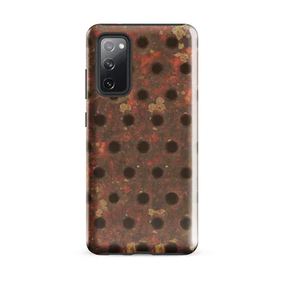 heavily rusted perforated metal plate with scattered drill holes, lichen patches, and peeling oxidation in burnt sienna, iron brown, and ochre tones on Glossy Industrial Rust Perforated Metal Tough Case for Samsung - default - Front view — samsung phone case