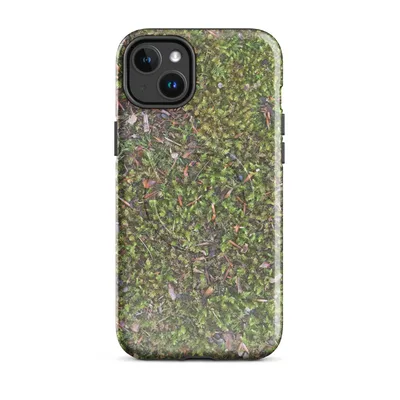top-down photorealistic view of green moss ground scattered with auburn pine needles, bark chips, and small pebbles in muted earthy tones on Glossy Forest Floor Mossy Ground MagSafe Tough Case for iPhone - default - Front view — magsafe phone case