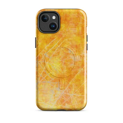 mottled orange and golden yellow surface overlaid with scattered silver and white scratch lines suggesting heat and kinetic energy on Glossy Solar Flare Scratch MagSafe Tough Case for iPhone - default - Front view — magsafe phone case