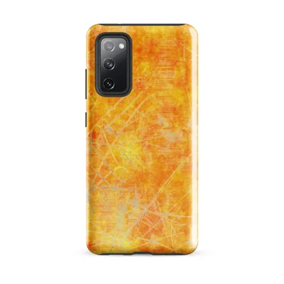 mottled golden yellow and burnt orange surface with scattered silver-white scratch marks and faint arc lines in a textured, heat-haze style on Glossy Solar Flare Scratch Tough Case for Samsung - default - Front view — samsung phone case