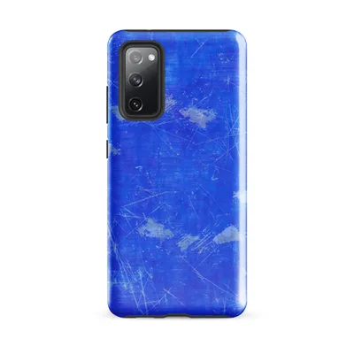 vivid cobalt blue surface covered in white scratch lines, gray ink splatter blots, and fine paint speckles in a chaotic abstract style on Glossy Electric Blue Storm Tough Case for Samsung - default - Front view — samsung phone case