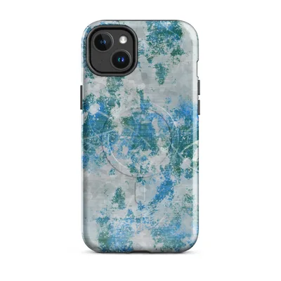 layered abstract texture of icy blue, deep teal, and pale grey paint splashes with crystalline scratch marks and organic splatter on a light frost background on Glossy Frozen Tide Abstract MagSafe Tough Case for iPhone - default - Front view — magsafe phone case
