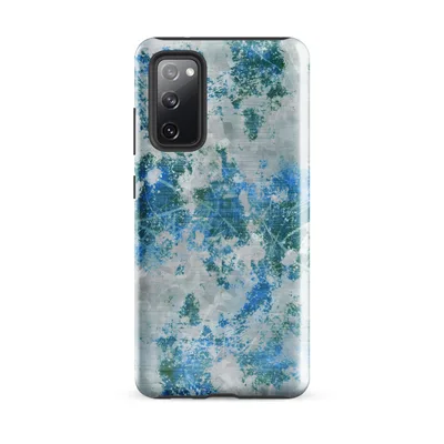 splattered paint texture in teal, cerulean blue, and forest green over pale silver-grey with geometric facets and fine scratched white lines on Glossy Arctic Storm Shattered Ice Tough Case for Samsung - default - Front view — samsung phone case