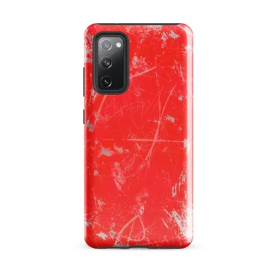 vivid red-orange background covered in scattered gray paint splatters and chaotic white scratch marks in an abstract expressionist style on Glossy Crimson Storm Scratch Tough Case for Samsung - default - Front view — samsung phone case