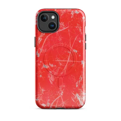 explosive silver and white paint splatters with wild brushstrokes and scratch marks on a vivid neon red background on Glossy Red Chaos Splatter MagSafe Tough Case for iPhone - default - Front view — magsafe phone case