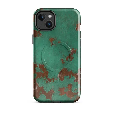 aged copper surface with teal-green verdigris patina spreading over exposed reddish-brown rust in irregular organic patches on Glossy Patina Copper Weathered MagSafe Tough Case for iPhone - default - Front view — magsafe phone case