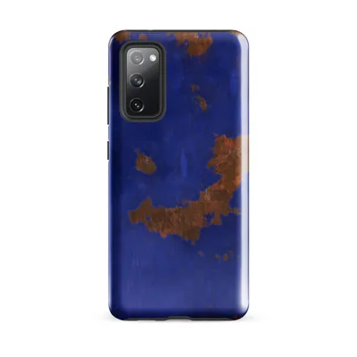 cobalt blue painted surface with scattered rust-orange oxidized patches in organic irregular shapes, resembling corroded metal on Glossy Cobalt Rust Storm Tough Case for Samsung - default - Front view — samsung phone case