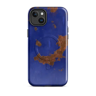 cobalt blue painted surface with irregular rust-orange patches resembling peeling and corroded aged metal on Glossy Rust and Cobalt Storm MagSafe Tough Case for iPhone - default - Front view — magsafe phone case