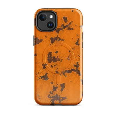 cracked orange paint peeling away to reveal dark brown rust patches across weathered metal surface on Glossy Rustic Orange Rust Texture MagSafe Tough Case for iPhone - default - Front view — magsafe phone case
