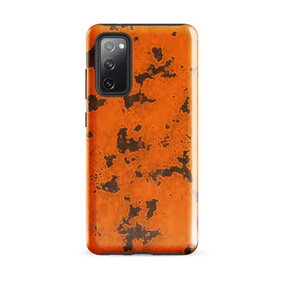 cracked orange paint peeling away to reveal dark iron rust patches across a weathered metal surface on Glossy Rust Never Sleeps Tough Case for Samsung - default - Front view — samsung phone case