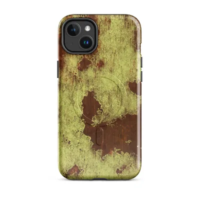 peeling olive-green paint revealing deep rust-red metal beneath in jagged, weathered patches across an aged industrial surface on Glossy Corroded Rust Peeling Paint MagSafe Tough Case for iPhone - default - Front view — magsafe phone case