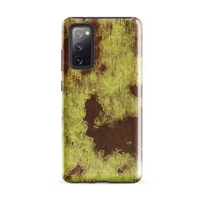 peeling olive and gold paint revealing deep rust-red corroded metal surface with streaked, eroded edges on Glossy Rusted Decay Industrial Tough Case for Samsung - default - Front view — samsung phone case