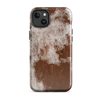 close-up texture of deep rust-brown oxidized metal beneath cracked and peeling white paint in organic, weathered patches on Glossy Rust and Ruin MagSafe Tough Case for iPhone - default - Front view — magsafe phone case