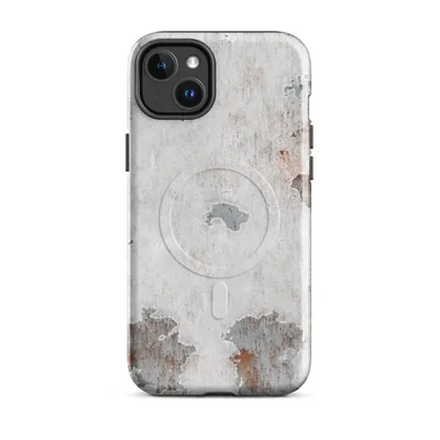peeling white paint revealing steel-grey primer and rust patches on aged metal, seamless tileable texture on Glossy Rusted White Peeling Metal MagSafe Tough Case for iPhone - default - Front view — magsafe phone case