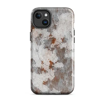 peeling white paint over rust-streaked aged metal surface in burnt sienna, slate grey, and chalky white on Glossy Rusted Iron Peeling Paint MagSafe Tough Case for iPhone - default - Front view — magsafe phone case