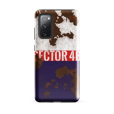 weathered tricolor metal surface with peeling white paint, bold red stripe, deep navy, and stenciled SECTOR 4B lettering over rusted brown texture on Glossy Sector 4B Rusted Rebellion Tough Case for Samsung - default - Front view — samsung phone case
