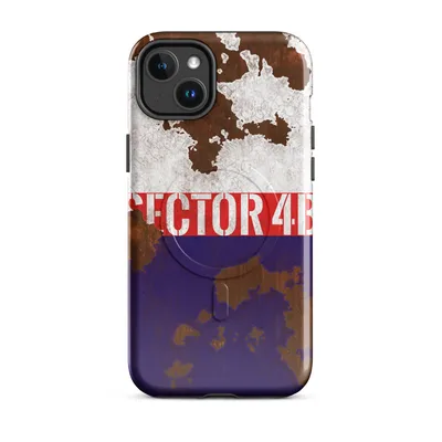peeling white paint over rusted metal surface with a bold red stripe bearing white stenciled text and a deep navy lower panel on Glossy Sector 4B Rust and Steel MagSafe Tough Case for iPhone - default - Front view — magsafe phone case