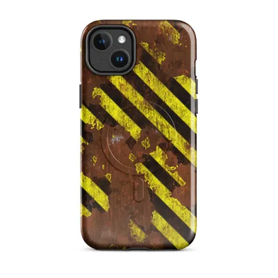 diagonal yellow and black hazard stripes over a heavily corroded rust-brown metal surface with peeling paint and aged weathering on Glossy Hazard Zone Rusted Steel MagSafe Tough Case for iPhone - default - Front view — magsafe phone case