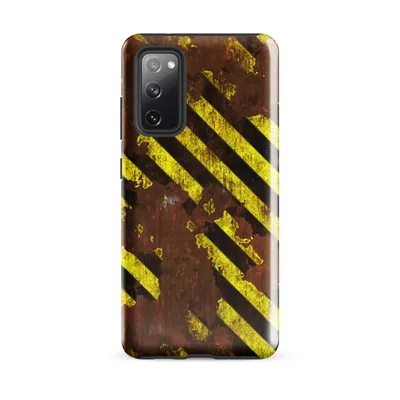 rusted red metal surface covered in chipped and peeling yellow and black diagonal hazard warning stripes with aged grime texture on Glossy Hazard Zone Rusted Steel Tough Case for Samsung - default - Front view — samsung phone case