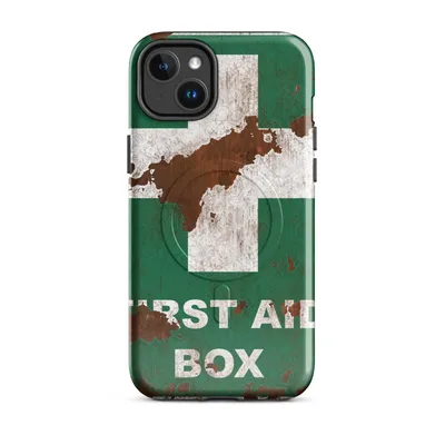 weathered first aid box sign with white cross on cracked green paint over rust-stained corroded metal surface on Glossy Rusted First Aid MagSafe Tough Case for iPhone - default - Front view — magsafe phone case