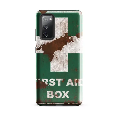 weathered teal green first aid box sign with white cross over chipped paint and rust-stained metal surface on Glossy Rusted First Aid Tough Case for Samsung - default - Front view — samsung phone case