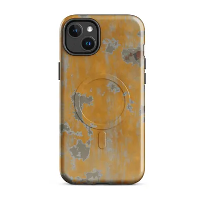 peeling amber and orange paint revealing gray plaster and brick beneath in an organic weathered wall texture pattern on Glossy Urban Decay Weathered Wall MagSafe Tough Case for iPhone - default - Front view — magsafe phone case