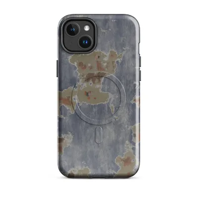 peeling slate blue paint revealing sandy primer and rust-orange patches beneath, with ragged organic edges and a weathered, layered texture on Glossy Urban Decay Peeling Paint MagSafe Tough Case for iPhone - default - Front view — magsafe phone case