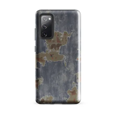 peeling steel-blue paint revealing sandy plaster and rust-red brick beneath in an organic, weathered pattern on Glossy Urban Decay Peeling Paint Tough Case for Samsung - default - Front view — samsung phone case