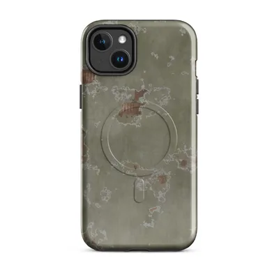 peeling olive-green plaster revealing terracotta brick and rusted metal beneath, scattered organic patches, muted earthy tones on Glossy Weathered Plaster Ruins MagSafe Tough Case for iPhone - default - Front view — magsafe phone case
