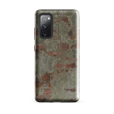 peeling sage green plaster revealing aged red brick beneath, with jagged white residue edges and an earthy terracotta and olive palette on Glossy Weathered Brick Plaster Wall Tough Case for Samsung - default - Front view — samsung phone case