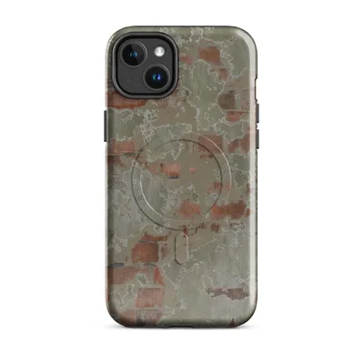 aged plaster wall with crumbling sage green stucco revealing eroded red brick in terracotta and olive tones on Glossy Crumbling Plaster Urban Wall MagSafe Tough Case for iPhone - default - Front view — magsafe phone case