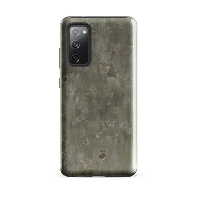 aged military steel surface with streaked olive green paint, flaking white mineral deposits, and scattered rust-orange corrosion spots on Glossy Weathered War Paint Tough Case for Samsung - default - Front view — samsung phone case