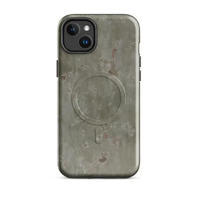 aged olive drab metal surface with peeling paint, rust spots, and white oxidation streaks in a gritty, worn texture on Glossy Weathered Olive Rust Field MagSafe Tough Case for iPhone - default - Front view — magsafe phone case