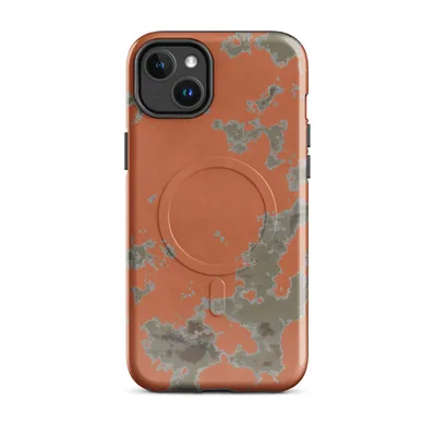 peeling terracotta orange plaster revealing muted sage and stone layers with faded architectural fragments beneath on Glossy Crumbling Walls Rust MagSafe Tough Case for iPhone - default - Front view — magsafe phone case