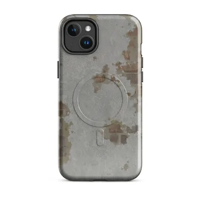 weathered concrete surface with peeling plaster revealing rust, ochre, and dark brick patches in muted grey tones on Glossy Weathered Concrete Urban Edge MagSafe Tough Case for iPhone - default - Front view — magsafe phone case