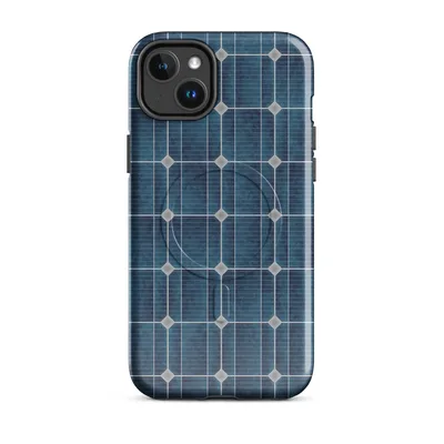 repeating grid of deep navy and teal solar photovoltaic cells framed by silver metallic lines in a seamless geometric pattern on Glossy Solar Power MagSafe Tough Case for iPhone - default - Front view — magsafe phone case