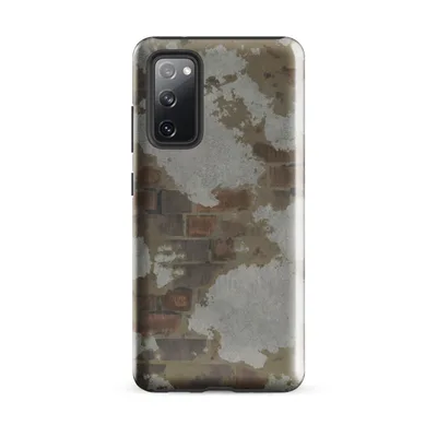 crumbling plaster wall revealing aged rustic bricks in earthy rust, taupe, and gray tones with a weathered distressed texture on Glossy Weathered Brick Wall Tough Case for Samsung - default - Front view — samsung phone case