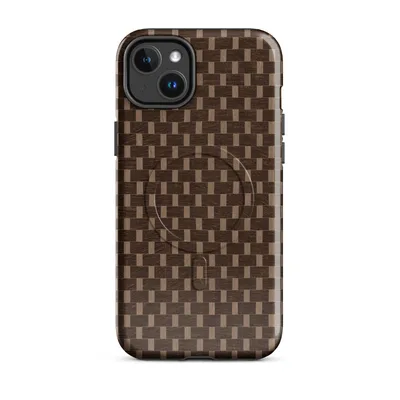 tightly woven basket weave pattern in dark espresso brown and warm sandy tan with a repeating interlocking rectangular grid on Glossy Woven Basketweave Texture MagSafe Tough Case for iPhone - default - Front view — magsafe phone case
