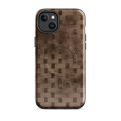 tightly woven basket weave pattern in warm brown and dark mahogany tones with visible wood grain texture throughout on Glossy Woven Woodgrain Basket Weave MagSafe Tough Case for iPhone - default - Front view — magsafe phone case