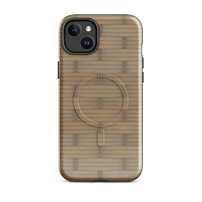 repeating woven basket weave pattern in warm golden tan, mimicking hand-laid bamboo strips in a traditional over-under textile style on Glossy Woven Bamboo Weave MagSafe Tough Case for iPhone - default - Front view — magsafe phone case