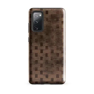 tightly woven basket weave pattern in deep mahogany and warm caramel tones with visible wood grain texture on Glossy Woven Wood Basket Weave Tough Case for Samsung - default - Front view — samsung phone case