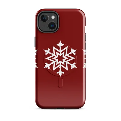 three identical white geometric snowflakes arranged in a row on a deep crimson red background on Glossy Triple Snowflake Winter MagSafe Tough Case for iPhone - default - Front view — magsafe phone case