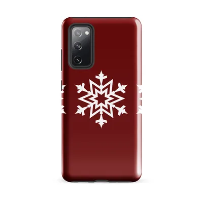three identical white geometric snowflakes arranged in a row on a deep crimson red background on Glossy Winter Snowflake Trio Tough Case for Samsung - default - Front view — samsung phone case