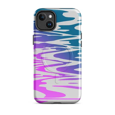 aerial view of rippling water with a gradient shifting from hot magenta through violet to deep teal, rendered in a flat graphic style on light gray on Glossy Neon Tide MagSafe Tough Case for iPhone - default - Front view — magsafe phone case