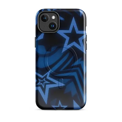 overlapping five-pointed stars in deep navy and electric blue with horizontal scan lines on a black background, layered for a neon-lit 3D effect on Glossy Midnight Star Power MagSafe Tough Case for iPhone - default - Front view — magsafe phone case